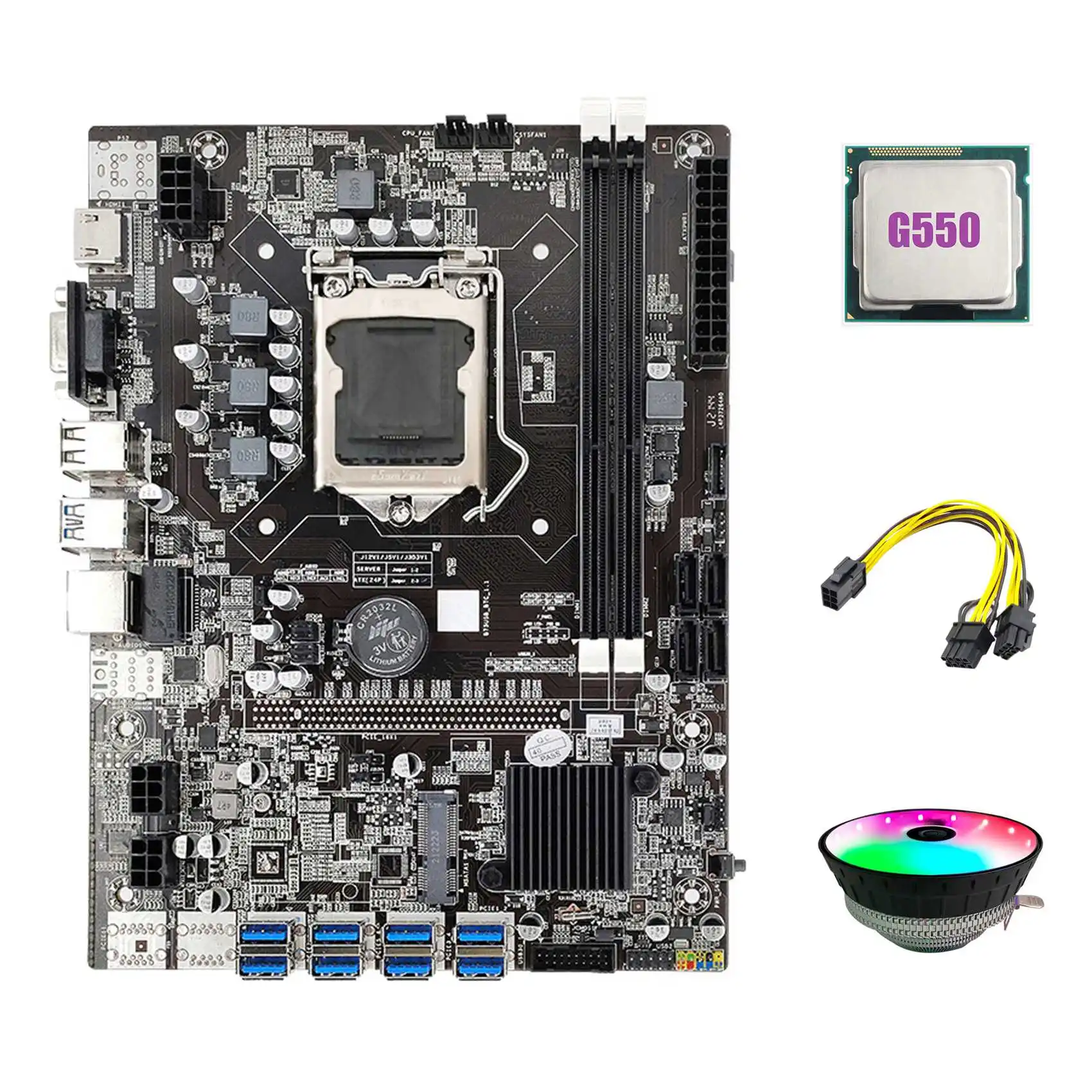 

B75 ETH Mining Motherboard 8XPCIE to USB+G550 CPU+RGB Fan+6Pin to Dual 8Pin Cable LGA1155 B75 BTC Miner Motherboard