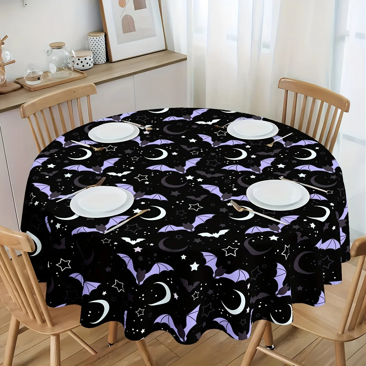One Halloween tablecloth - Purple and black bat, moon and star table decoration