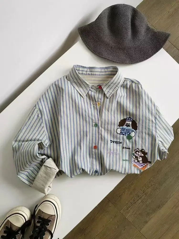 

Blue Striped Women's Shirt Design Sense Early Spring New Heavy Cartoon Embroidery Loose American Style Top Long Sleeve C...