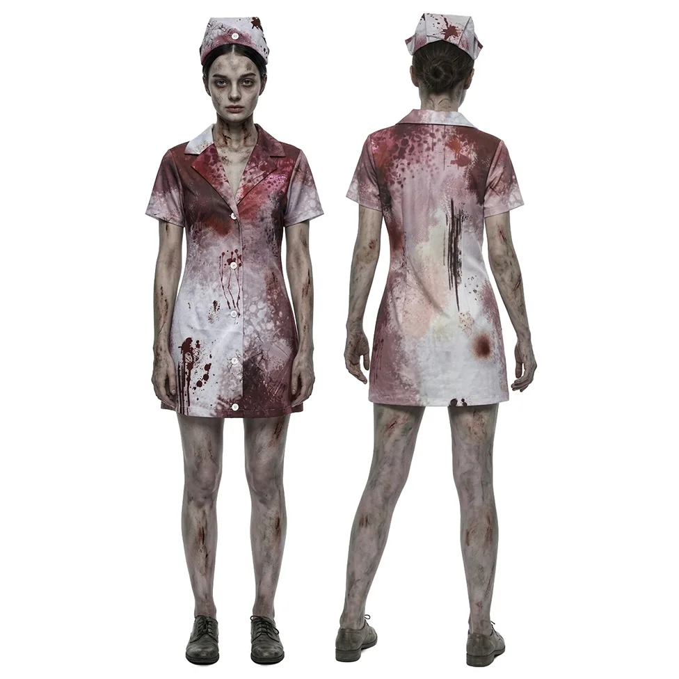 Bloody Tattered Zombie Nurse Costume for Women Horror Halloween Fancy Dress with Hat and Apron Scary Party Cosplay Outfit view 4