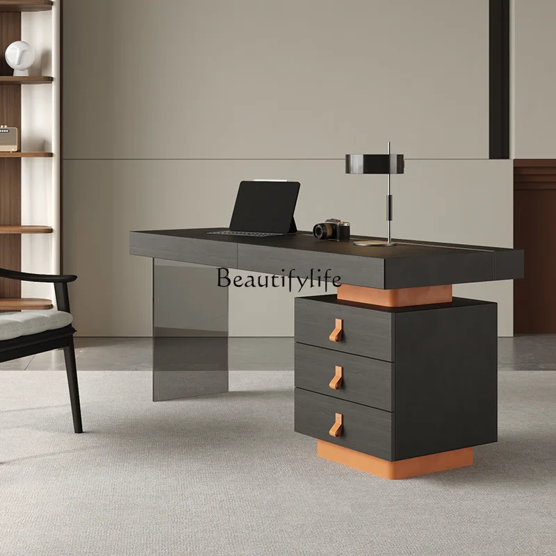 Italian minimalist solid wood desk light luxury modern simple multi-functional leather desk