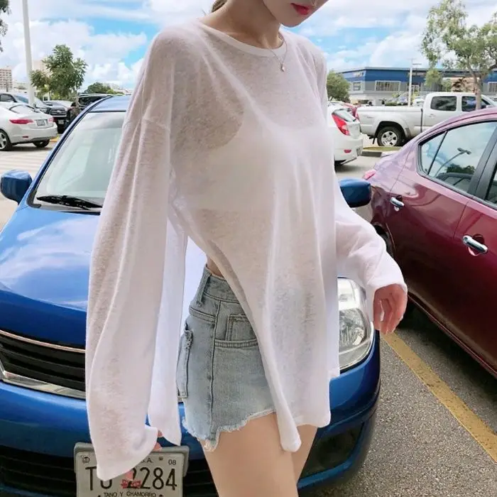 Women Summer Uv Long Sleeve Beach Cover Up Knit Split Hem Loose Lightweight Breathable Ice Silk Tops