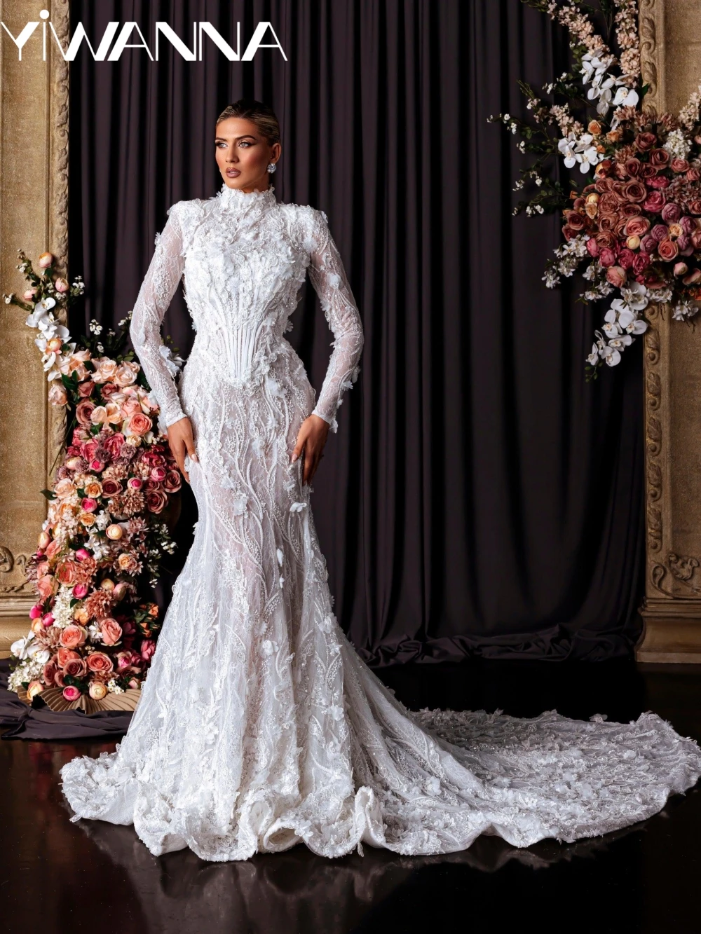 

Luxury Embroidery Beaded Long Wedding Dress Dreamy 3D Flower Lace Mermaid Bridal Gown New Customized Elegant Dresses For Bride