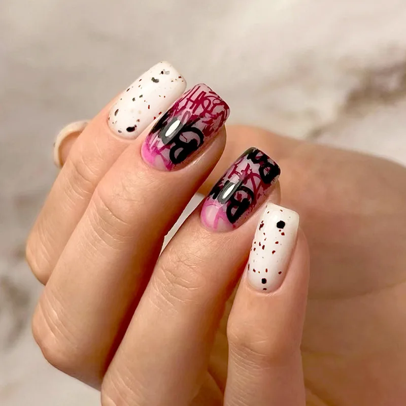 

24pcs Halloween Blood Nails - Black Fragments & Red Drip Letters (Medium-Long Ballet shape Horror Party Press-Ons)