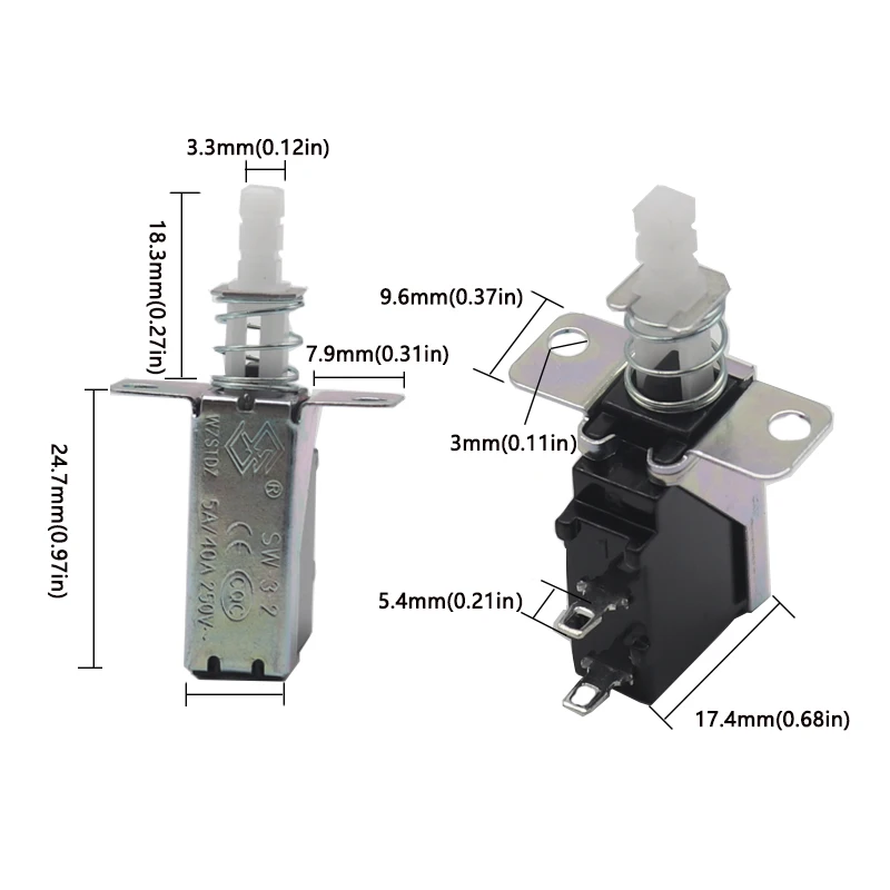 【10-5PCS】Straight Key Self-Locking switch KCD-A10 SW-3 A04 Power Switch 2Pin Outer Spring 5A For Range Hood