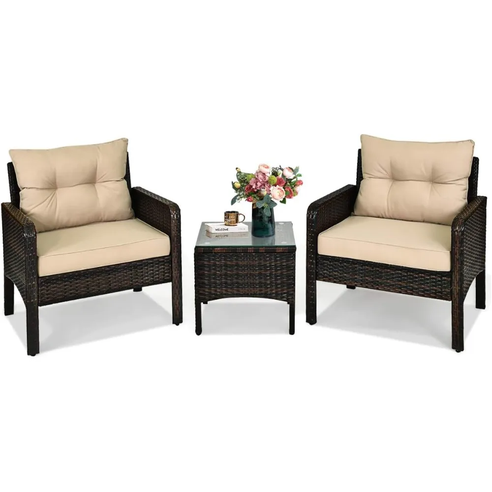 3 Pieces Patio Furniture Set Outdoor Rattan Wicker Coffee Table & Chairs Set with Seat Cushions Patio Conversation Set