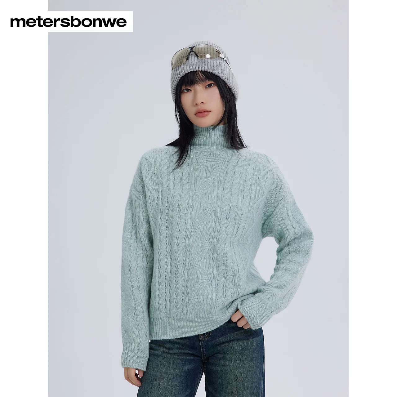 

Metersbonwe-Women's High Neck Long Sleeve Jumper 100%Wool Loose Sweater Solid Color Commuter Retro Warm Winter