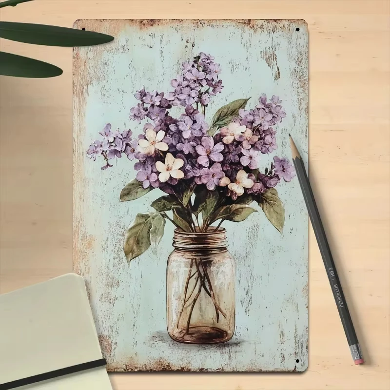 Metal Wall Art Sign - Rustic Violet & Lily Flowers in Wooden Barrel Design, Farmhouse Decor for Bedroom, Dining Room, Country