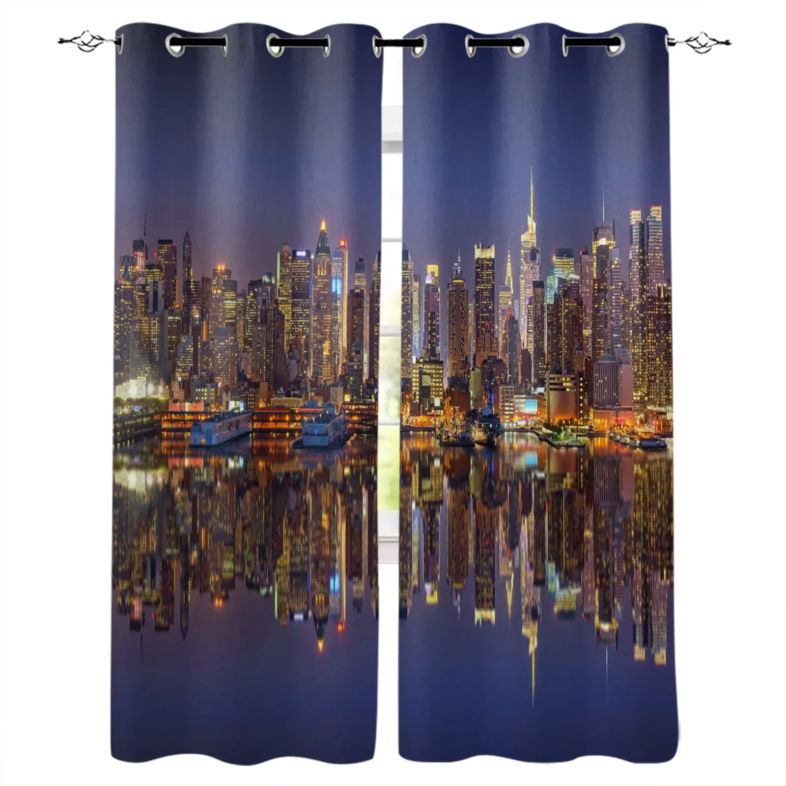 Manhattan City Night View Building Reflection Blackout Curtains Window Curtains For Bedroom Living Room Decor Window Treatments