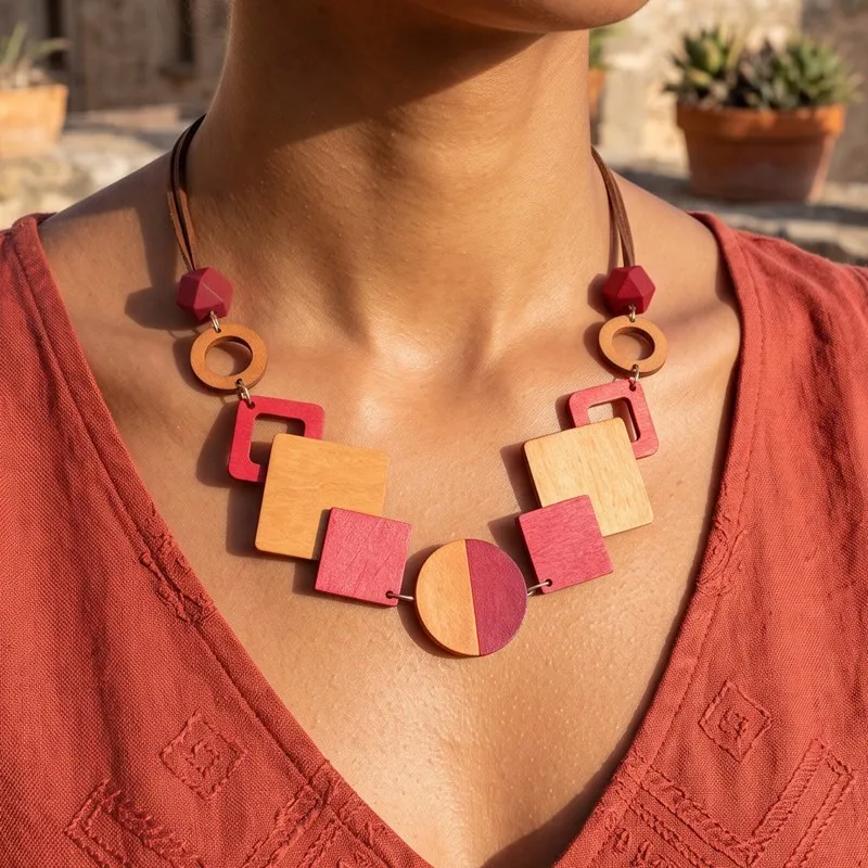 Retro wood piece splicing contrasting color bib necklace women's style geometric pendant collarbone chain cross-border new jewel