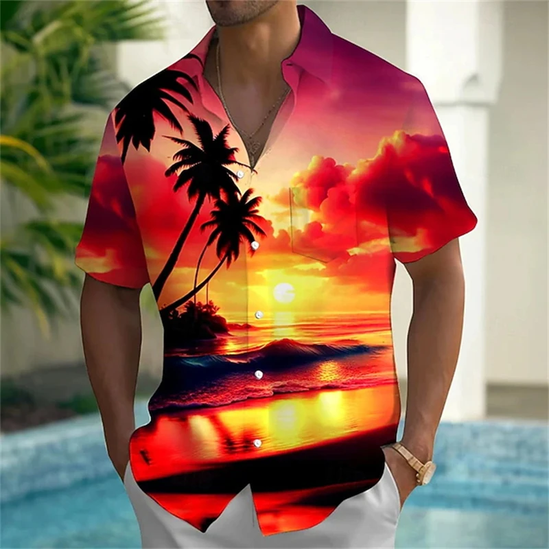 Men's Colorful Sunset Beach Palm Fusarium Flower Printed Shirt Lightweight Breathable Loose Casual Shirt