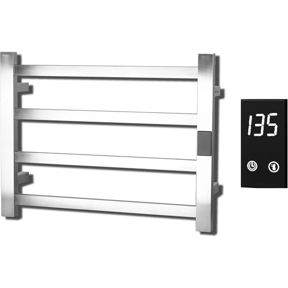 Electric Towel Warmer Super Thin  with Timer & Temperature Multi-Level Adjustments Hardwired & Plug-in 4 Bar  Brushed Fi