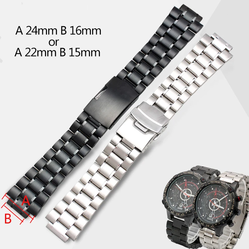 24*16mm Lug End Stainless Steel Watchband for Men's TIMEX T2N720 T2N721 TW2R55500 Watch Strap Silver Black Metal Bracelet BAND