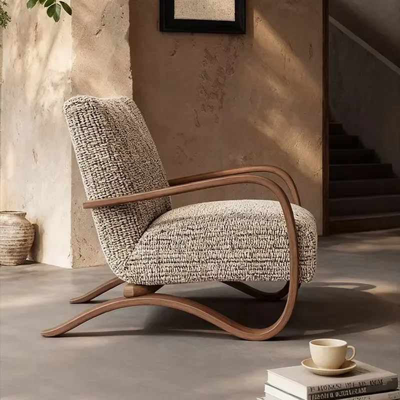 Modern Retro Beige Textured Fabric Accent Chair with Walnut Bentwood Frame Soft Comfy Lounge Chair for Living Room Bedroom