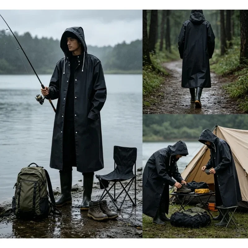 Black Long EVA Raincoat for Adults, Hooded Windbreaker-Style Rain Cover with Hat Drawcord for Fishing, Hiking and Outdoor Travel