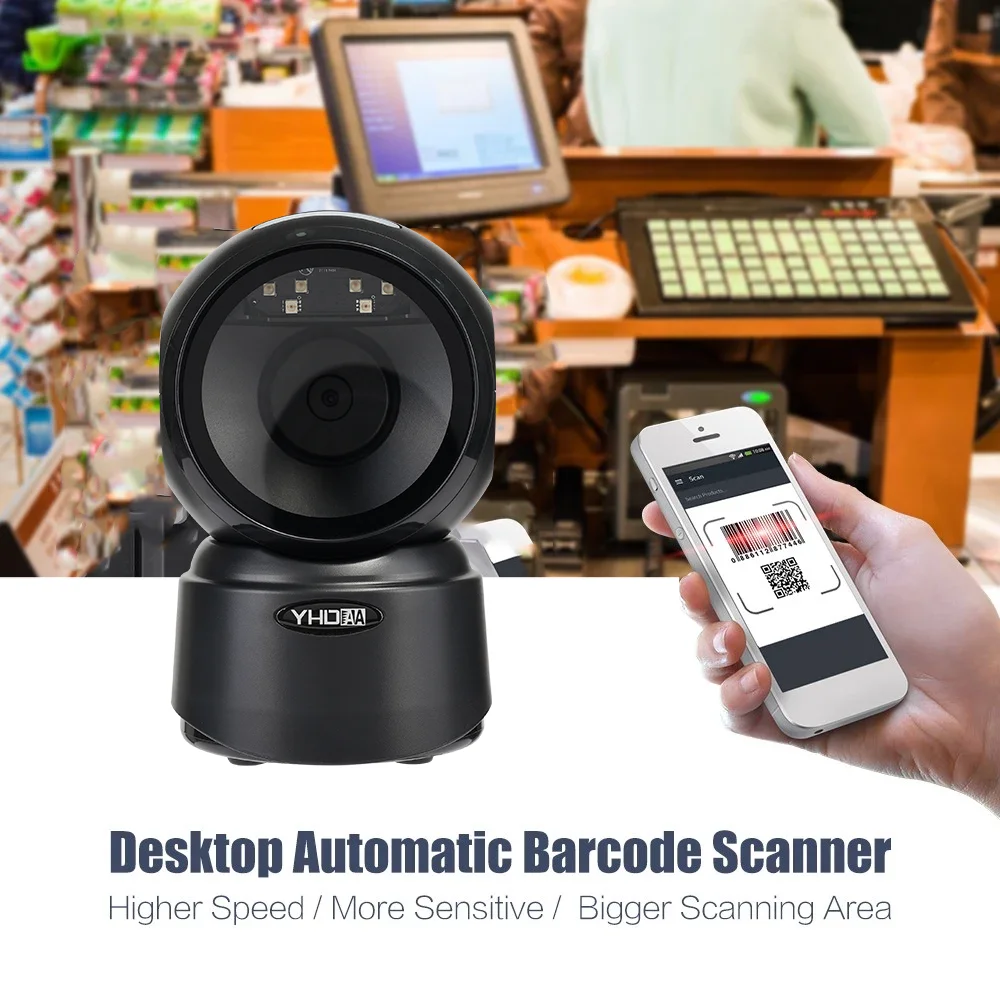 

9300D 2D Desktop Barcode Scanner 1D QR Omnidirectional Febran Code Reader Adjustable Platform Autosense Scanning for Supermarket