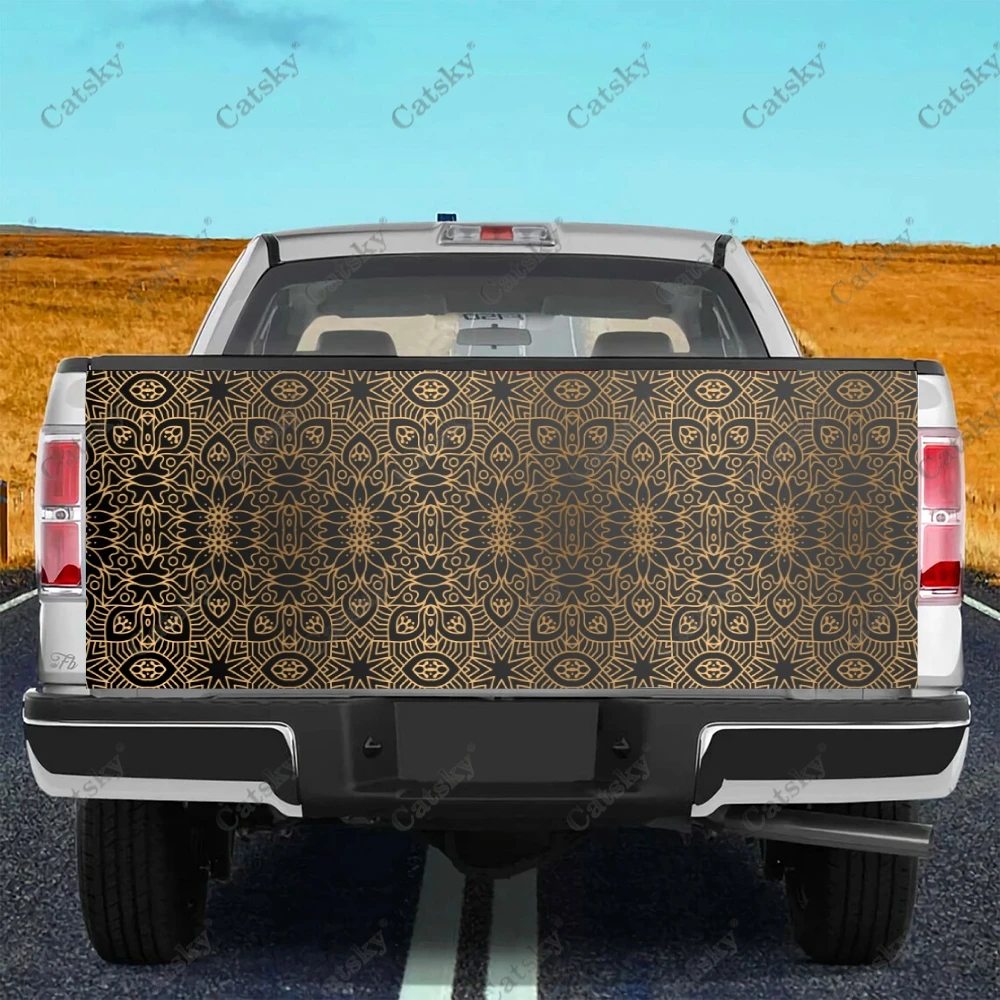 Gold Damask Ornament Seamless Truck Tailgate Wrap Professional Grade Material Universal Fit for Full Size Trucks Weatherproof