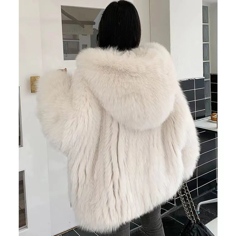 Faux Fox Fur Jacket for Women, Loose Hooded Overcoat, Double-Sided Woven Fur Coat, Bat Sleeve, Autumn Winter Fashion, New, 2023