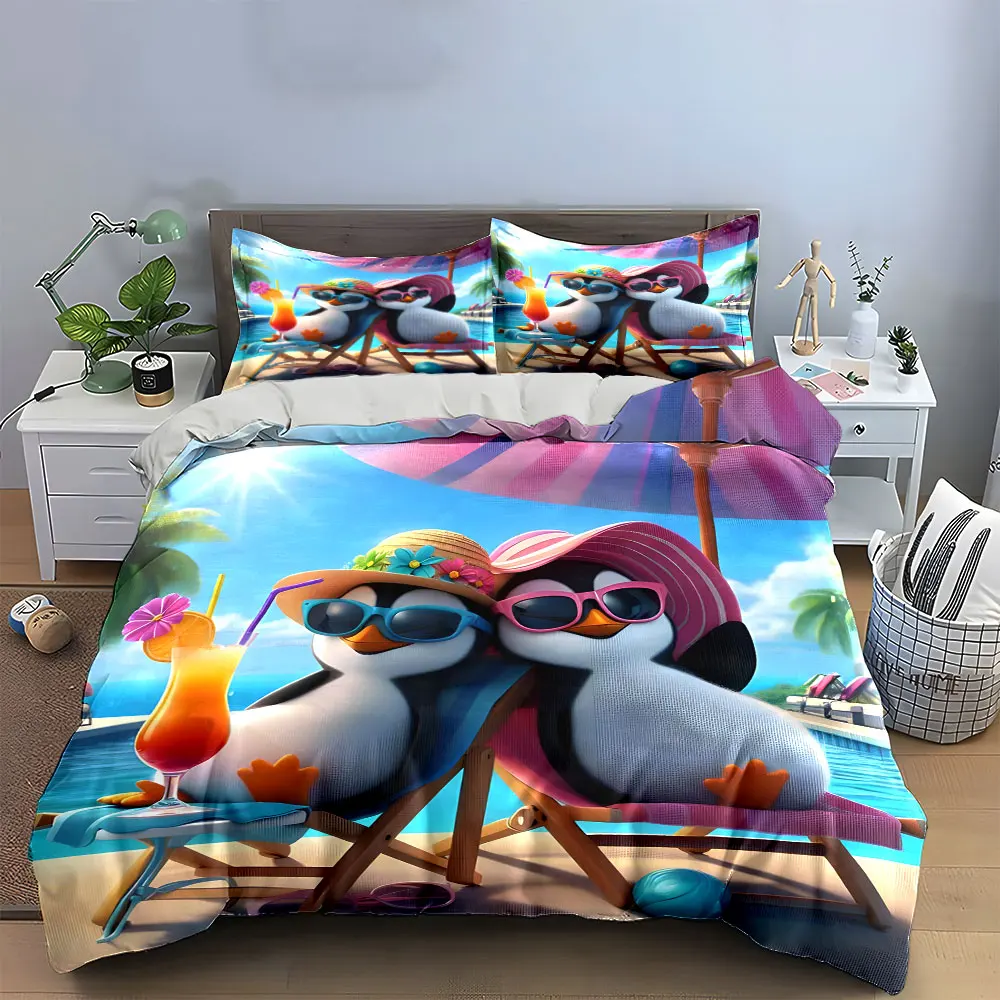 

"Penguin Summer Relaxation Set" Bedding Set with 1 Duvet Cover 2 Pillowcases Single Double King Queen, Gift