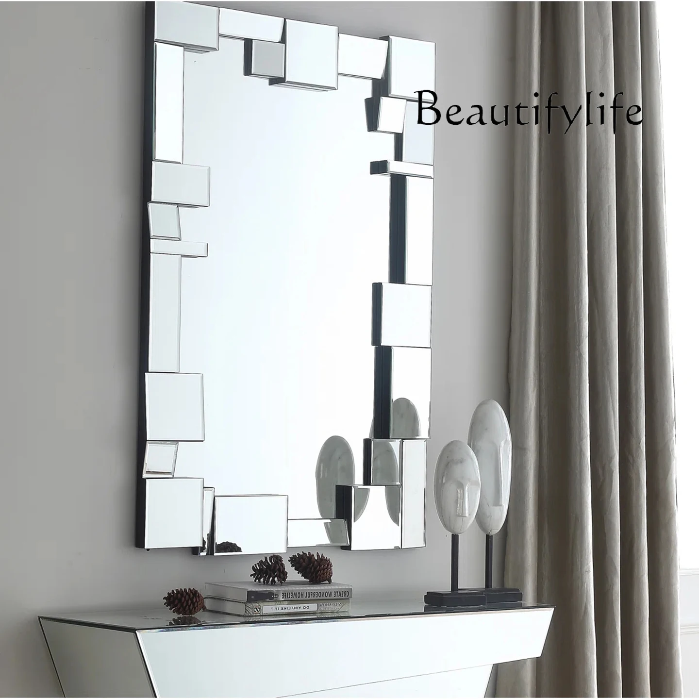 European light luxury bathroom mirror square bathroom washstand makeup mirror wall-mounted entrance decorative mirror