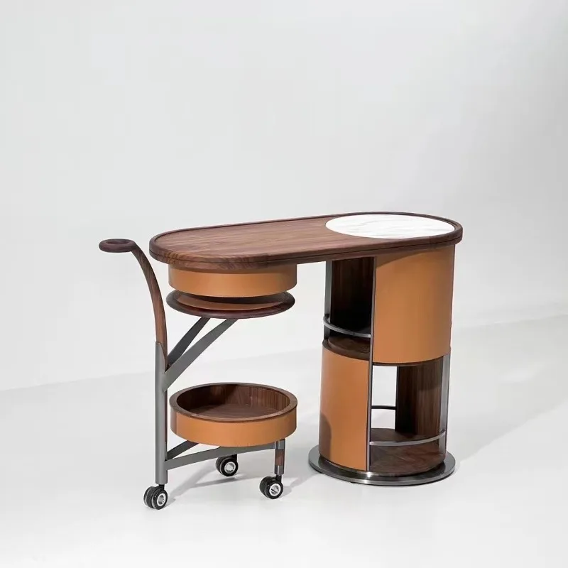 Italian light luxury high-end walnut saddle leather art movable food cart