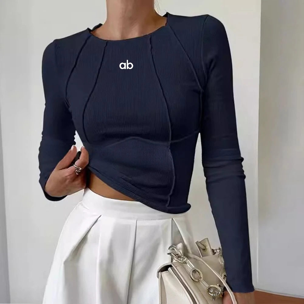 Damen Yoga Frühling Herbst O-Ausschnitt Langarm-Shirt Einfarbiges Design mit Nahtdetails am Brustbereich Schlankes Strick-Basic-Layering-Top