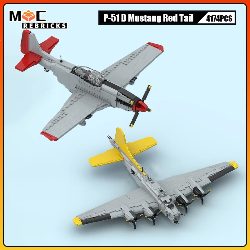 

MOC Building Block Boeing B-17 Flying Fortress P-51 D Mustang Red Tail Engine Тяжелый бомбардировщик Модель-головоломка Кирпичная игрушка Праздничные подарки