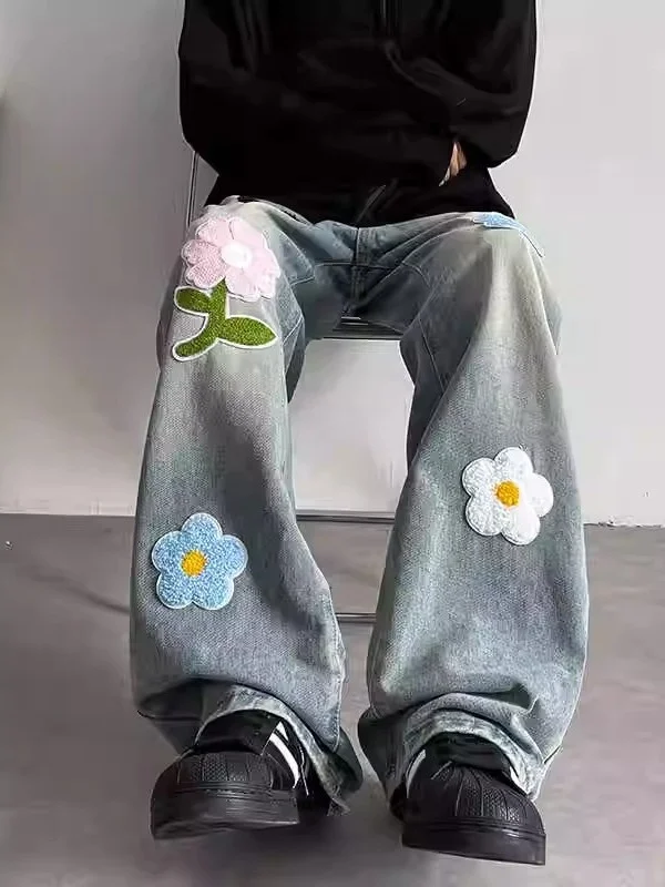 

Мужские джинсы Extra Large 300 Pou с американской цветочной вышивкой, осенние, винтажные, модные, свободные, прямые, широкие, длинные брюки