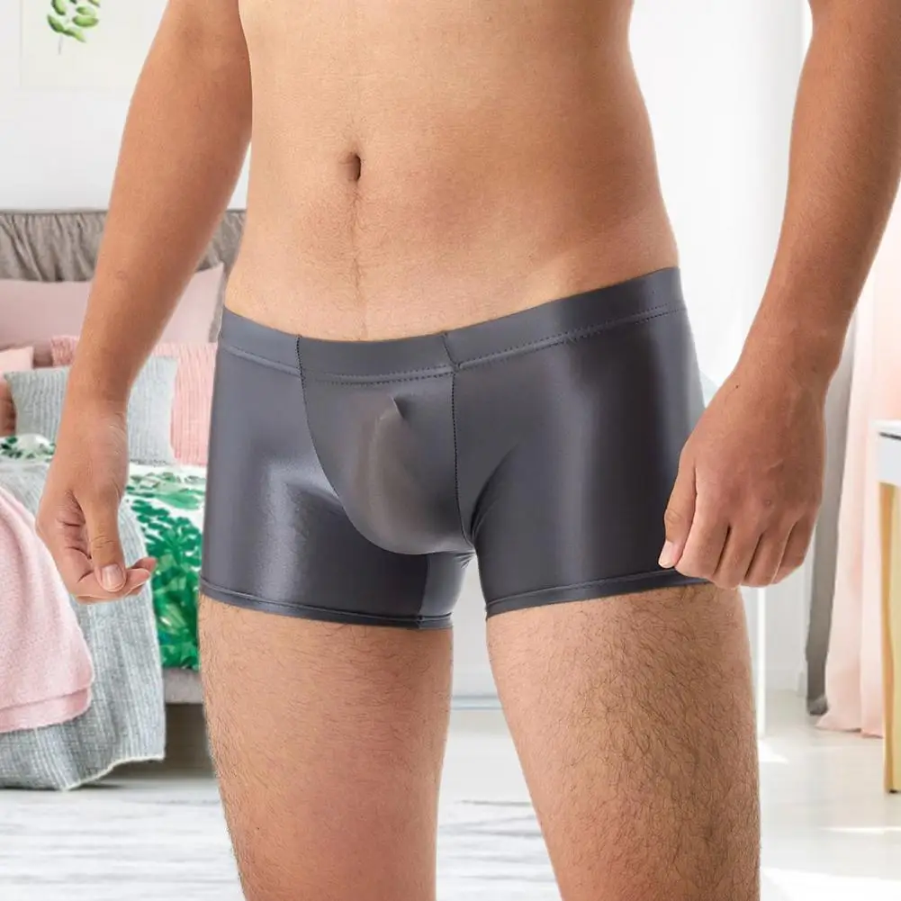 Men Boxer Underwear Glossy Silky Transparent Low-rise U Convex Bag Briefs Solid Color Boxer Briefs Smooth Sports Panties