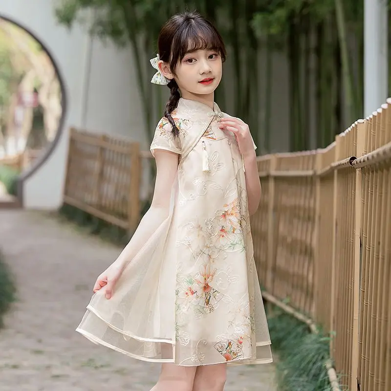 Summer Dresses Styles Cheongsams for Girls Traditional Chinese Embroidery Chiffon Qipao Dress for Children Tang Suit Costumes