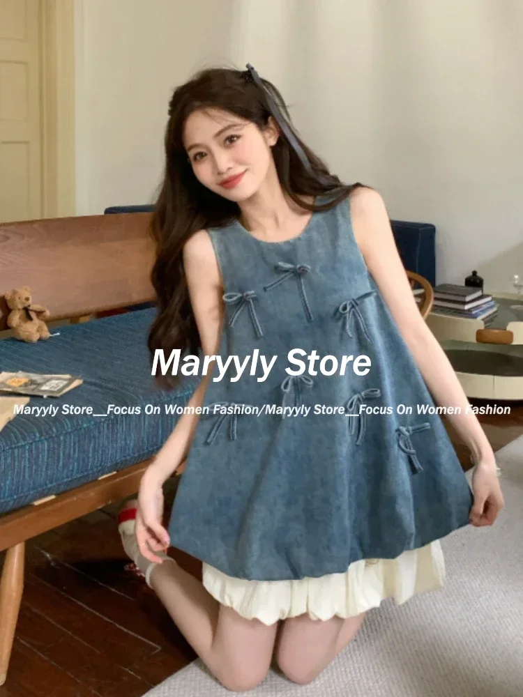 Summer Sweet Design 2 Piece Set Women Casual Kawaii Bow Sleeveless Tops + Cute Mini Skirt Female 2000s Y2k Retro Skirt Outifts