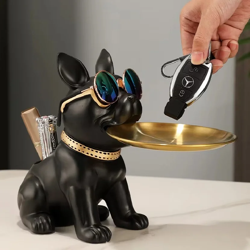 Resin Bulldog Desktop Storage Statue Animal Sculpture Dining Table Decor Multi Functional Office Home Decoration Tray Decor