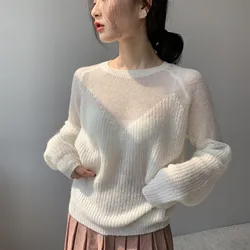 2024 New Women Sexy See Through Knit Mohair Pullovers Long Sleeve Good Quality Thin Spring Wear Clothes Sweater Pull Femme