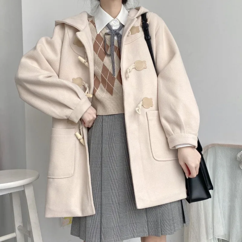 Hooded Blends Women Autumn Tender Sweet Horn Button Preppy Style Casual Girls Baggy Japanese Fashion Pockets Simple Overcoats