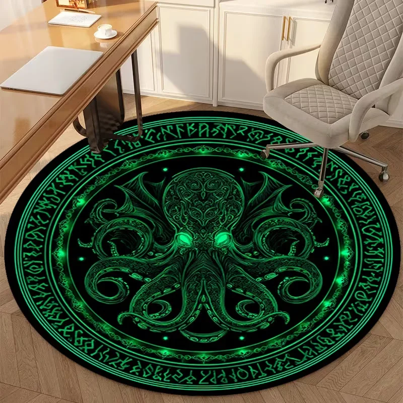 Octopus Head Round Area Rug Green Tentacle Monster Carpet Fantasy Horror Decor Non Slip Floor Mat for Living Room Bedroom Gift