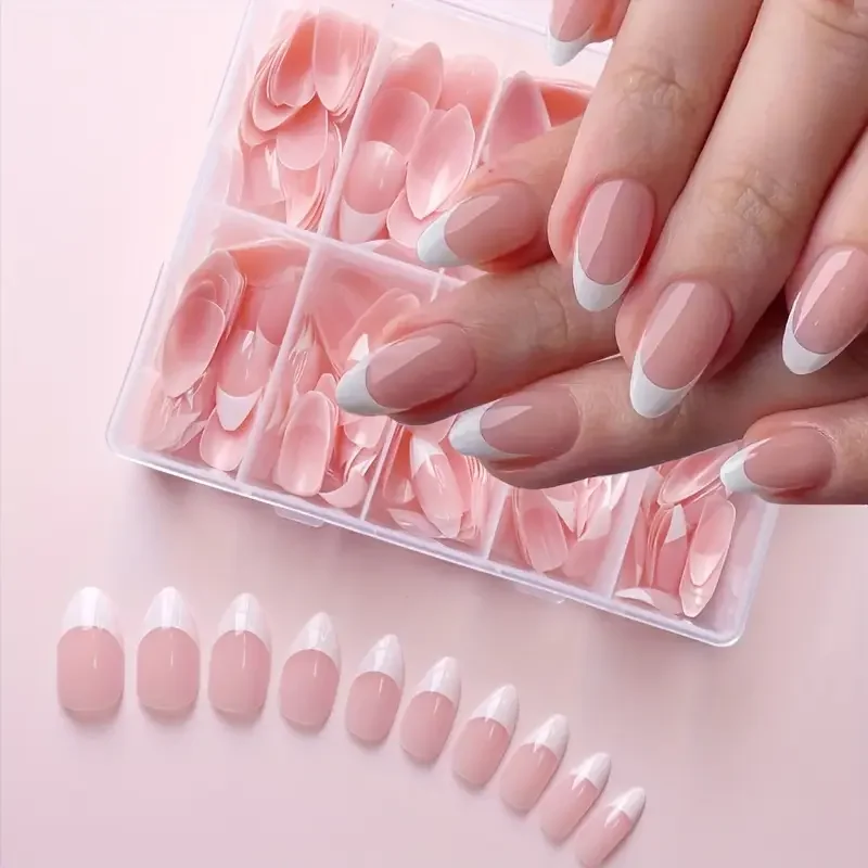 

120 PCS Box Almond Shaped Pink Nail Piece White French Press On Nails Almond Shape Press on Nails Young Girls acrylic Nails