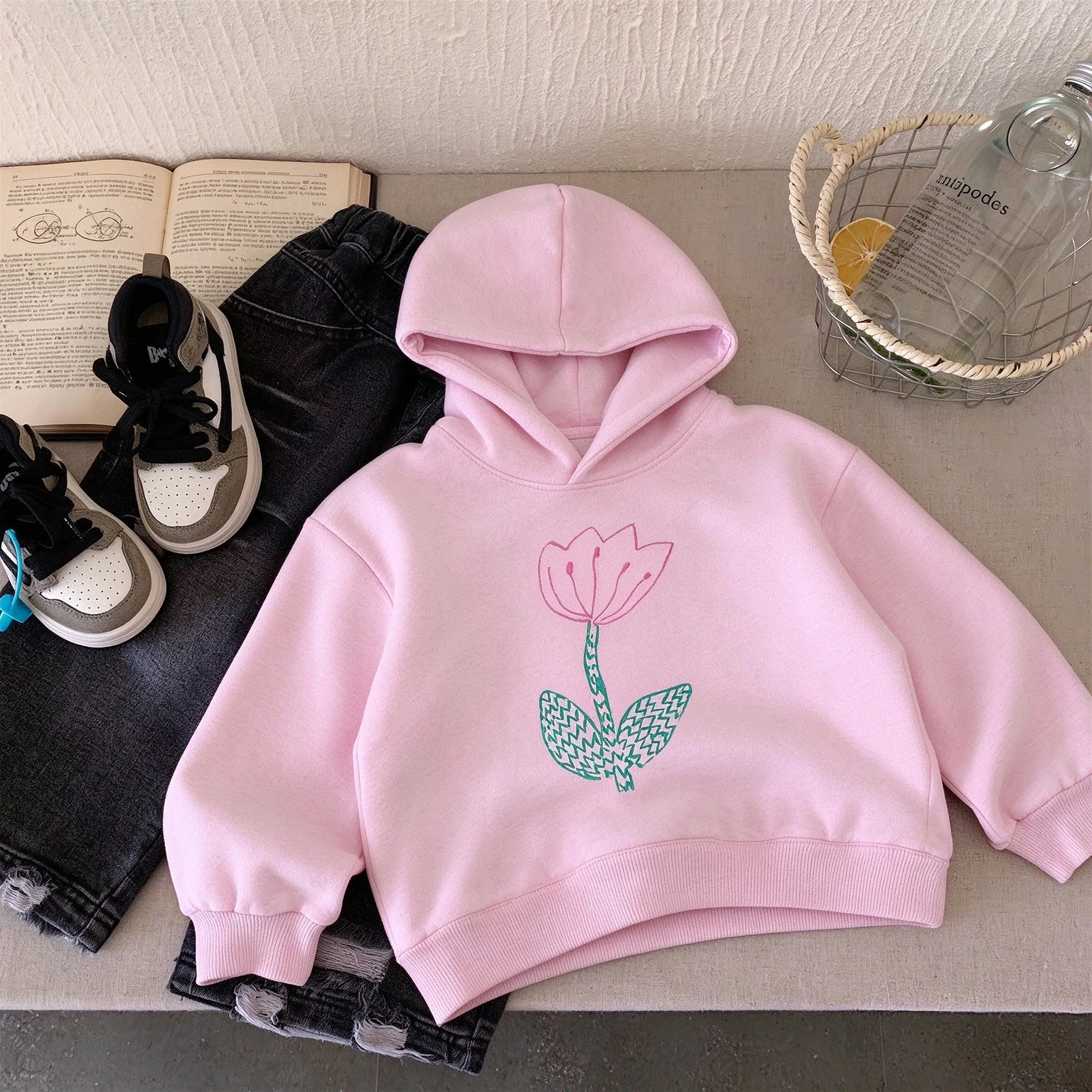 Pink Flower Girls Hoodies Children's Clothes Autumn Winter Kids Long Sleeve Hooded Sweatshirts Loose Casual Versatile Hoodie