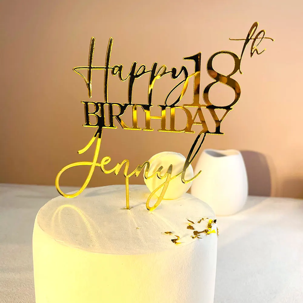 Personalized Happy Birthday Cake Topper Name + Age Cake Topper for Birthday Custom Mirror Gold Cake Toppers Rustic