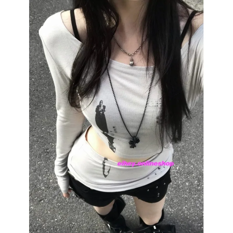 Streetwear Hollow Sexy Slim Long-sleeved T-shirt Women 2026 Autumn New Slant Collar Printed Fashionable All-match Tops