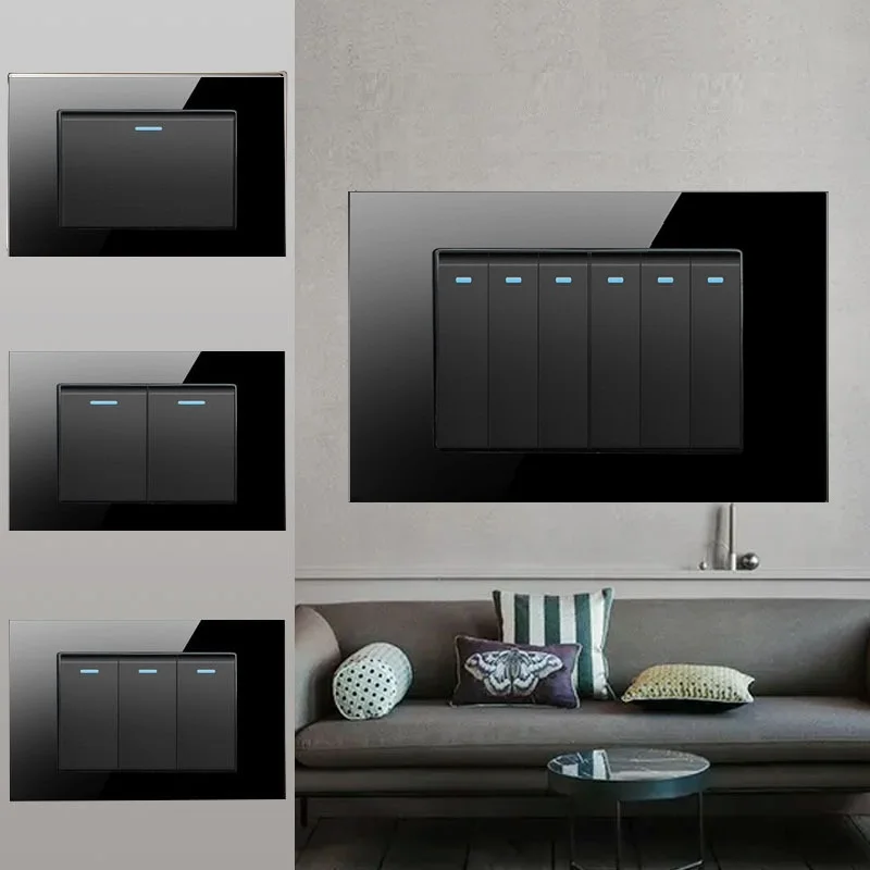 

118 US Standard Brazil Black Tempered Glass Panel Wall Switches 1Gang 2Gang 3Gang 4Gang 5Gang 6Gang Doorbell Light Switch