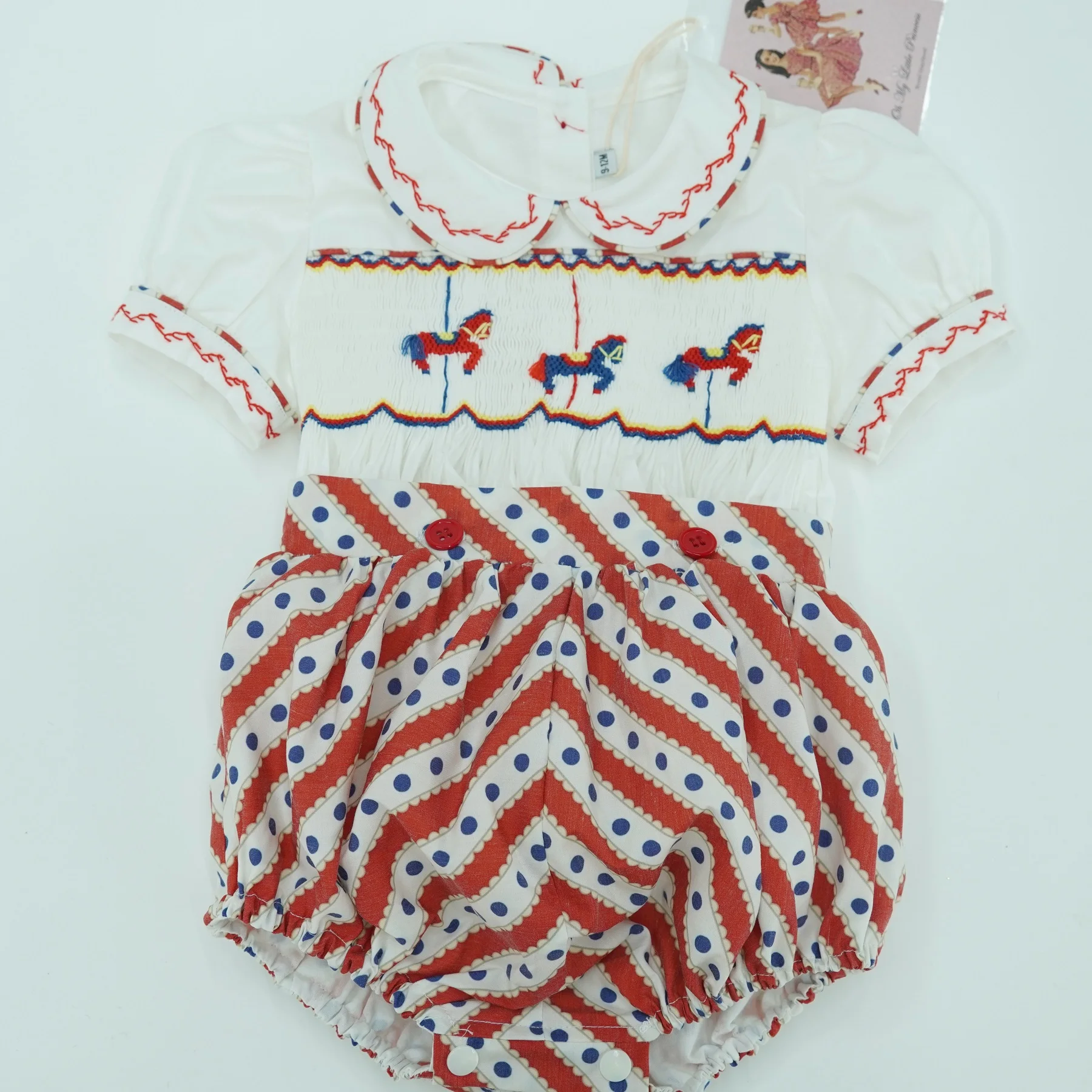 0-6Y Baby Boy Summer Short Sleeves Horses Handmade Embrodery Smocked Outfit Suit for Christmas Party Birthday Holiday  A11