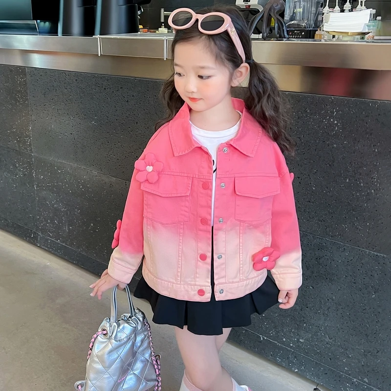New Autumn Baby Girls Gradient Pink Denim Jacket Coat with Applique Kids Child Cute Jeans Outfit Clothing Age 2 3 4 5 6 7 8 9 Y - Image 2