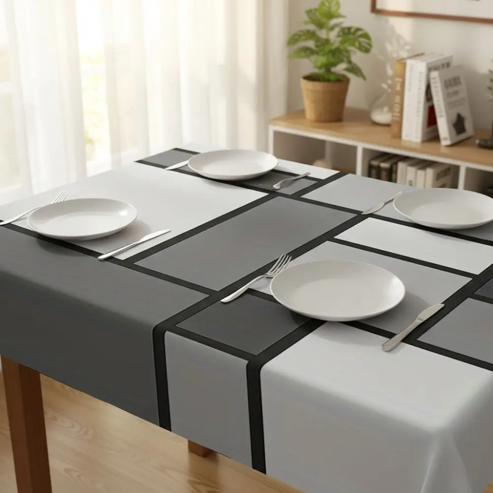 White Gray Contrasting Geometric Splicing Tablecloth Modern Simple Style Stain-resistant Table Cover Rectangular Non-slip