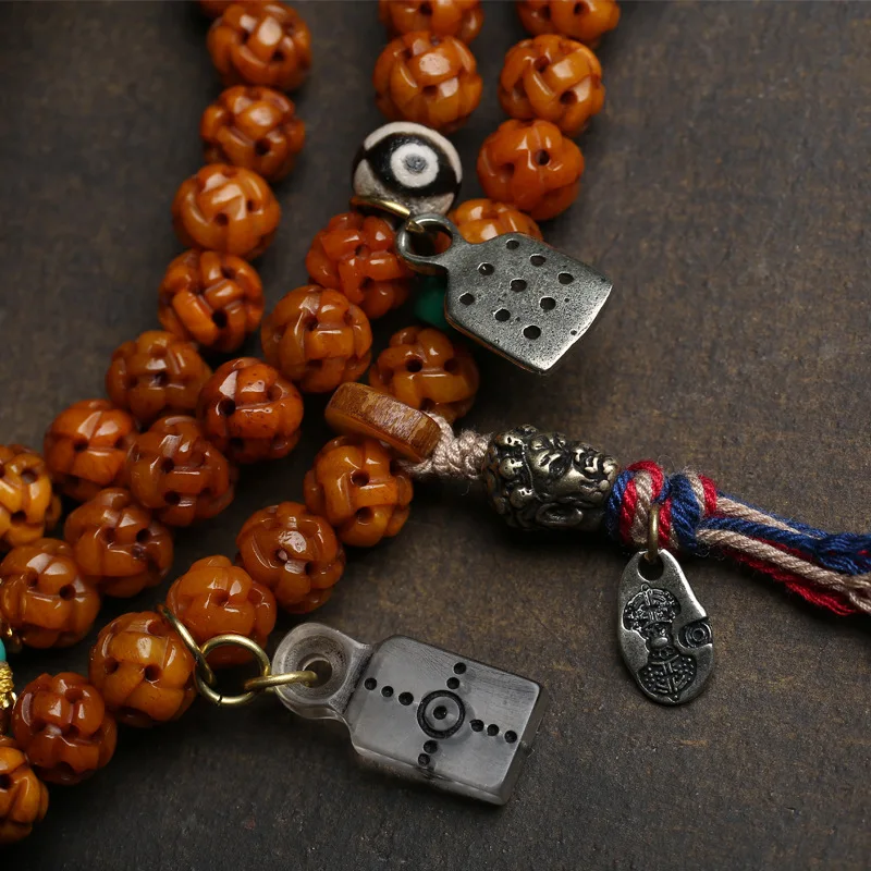 Vintage Bone Hollow 108 Bead Necklace Sweater Chain Tibetan Style Agate Copper Accessories