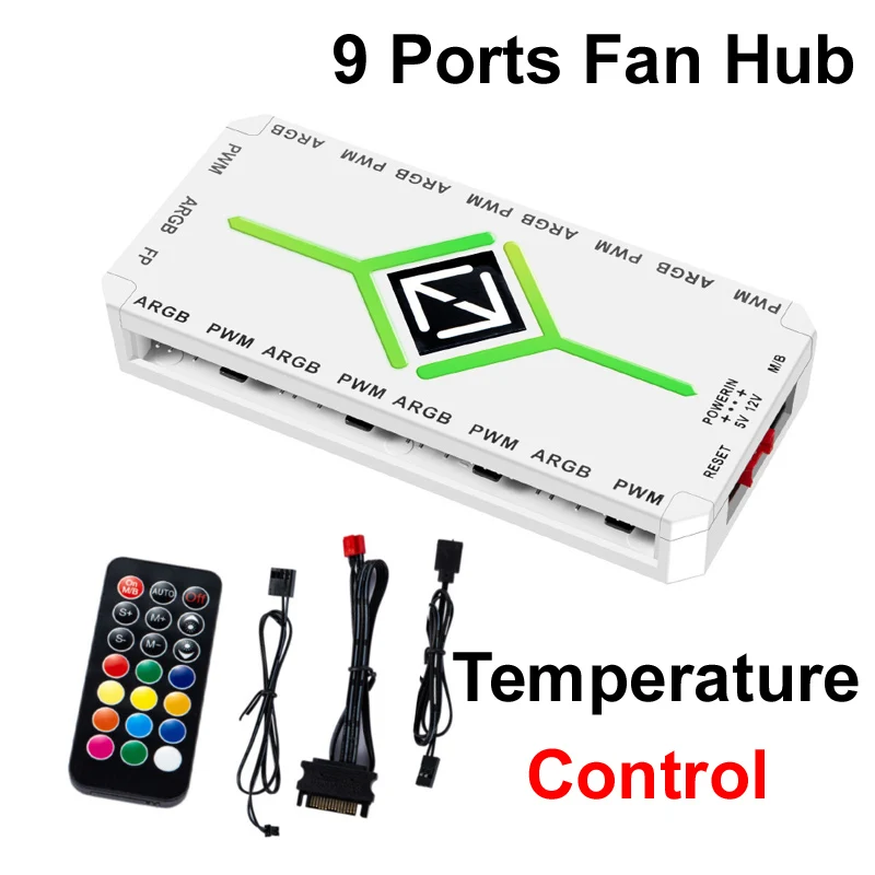 1 To 9 3 in 1 4 Pin PWM Magnetic Hub Wireless Remote 9 Fan Hub Splitter Temperature Control ARGB for Computer PC Case Fan