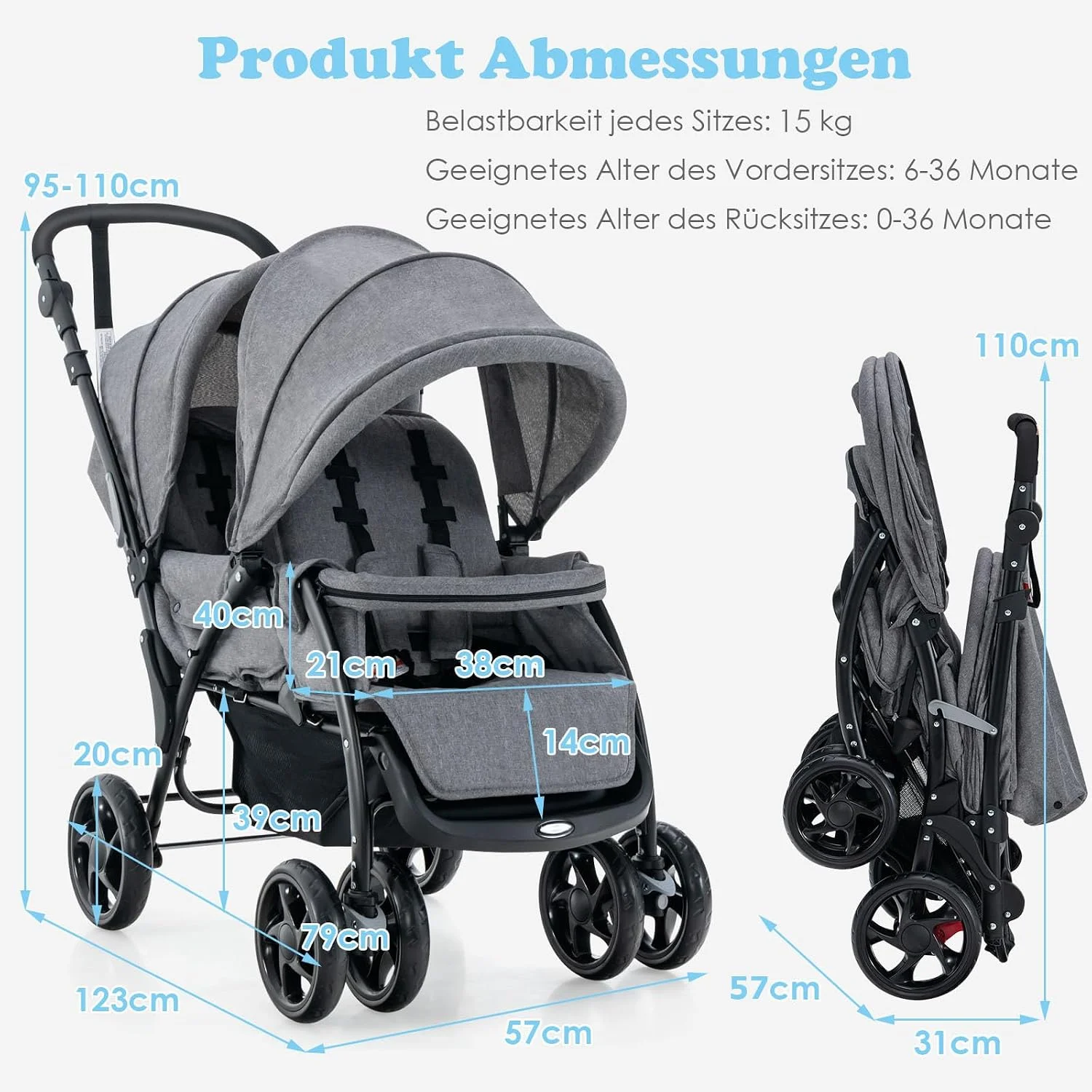 Klappbarer Doppelkinderwagen, Doppelkinderwagen mit verstellbarer Rückenlehne und Kapuze, Reisebuggy mit Liegefunktion – Detail 9
