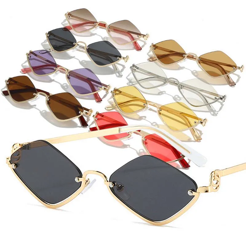 Luxury Brand Metal Sunglasses for Women Men 2025 New Half Frame Diamond Shaped Sunglasses Dopamine Small Outdoor Sunglasses