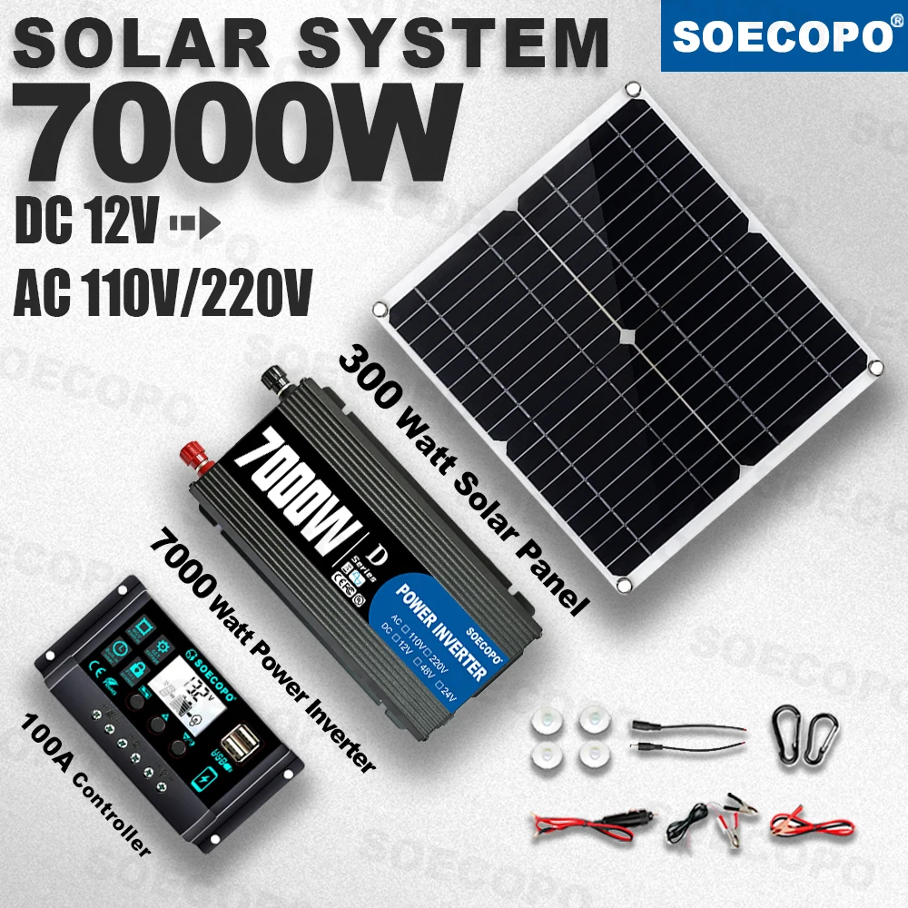 

Солнечная система SOECOPO 7000 Вт, полный комплект: инвертор 12В DC в 110В/220В AC, панель 300 Вт, контроллер 100А, автономная система для дома, автофургона, кемпинга