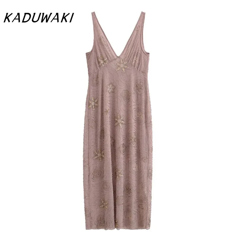 

KADUWAKI Women Fashion Sexy Deep V-Neck Sleeveless Backless Midi Robe Woman Summer Beaded Decoration Hem Translucent Party Dress