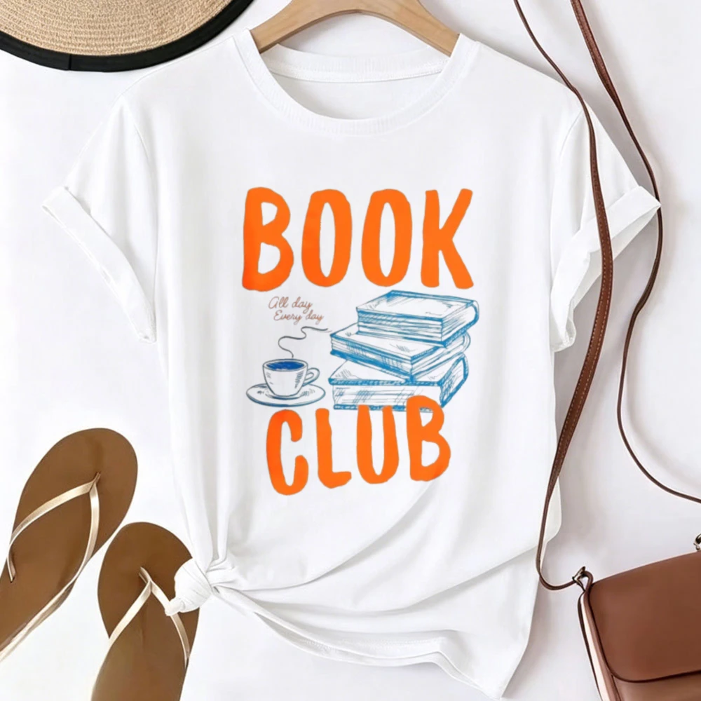 Book Club Book Stack Coffee Cup Letter Graphic T-shirt Women Book Lover Reading Enthusiast Retro Print Short Sleeve Tee Casual